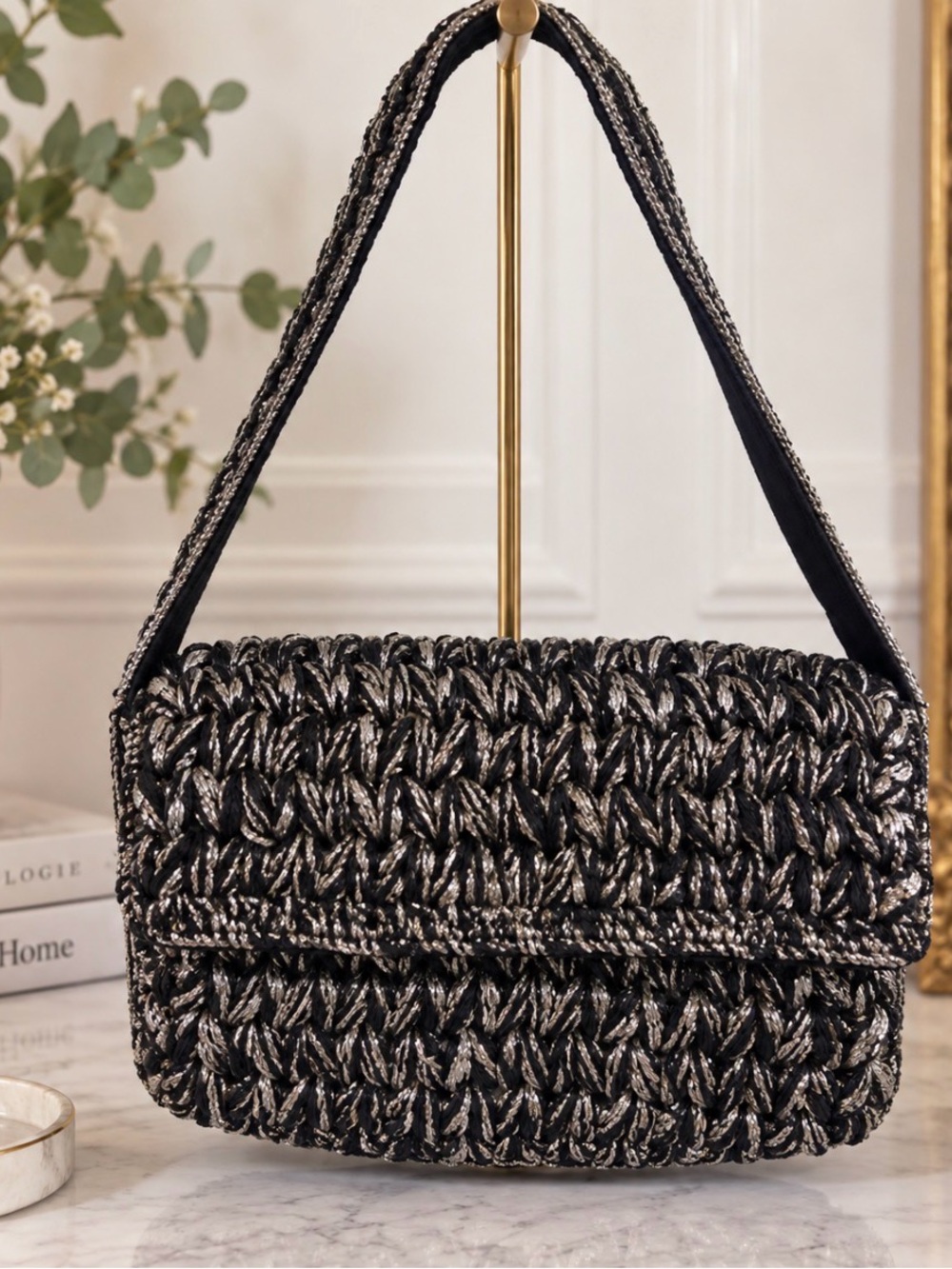 Maeve Anthropologie Black Silver Metallic Woven Shoulder Bag Purse